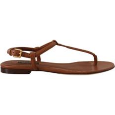 Dolce & Gabbana Sandals Dolce & Gabbana Brown Leather T-strap Slides Flats Sandals Shoes