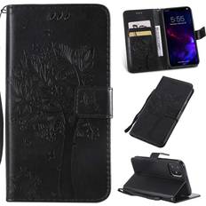 iPhone 11 Case with Screen Protector,iPhone 11 Wallet Case,Flip Case PU Leather Emboss Tree Cat Flowers Folio Magnetic Kickstand Cover Card Slots for iPhone 11 Black