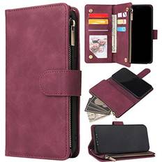 Apple iPhone 12 mini Wallet Cases ZZXX iPhone 12 Case Wallet,iPhone 12 Pro Wallet Case with Card Slot Premium Soft PU Leather Zipper Flip Folio Wallet with Wrist Strap Kickstand Protective for iPhone 12 Wallet CaseWine Red 6.1 inch