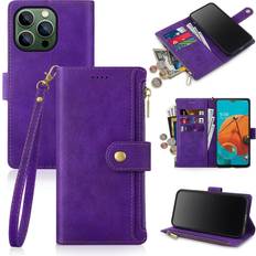 Purple Wallet Cases Antsturdy for iPhone 13 Pro Max 6.7" Zipper Wallet Case,Luxury PU Leather with Handbag Wrist Strap Folio Flip Cover [RFID Blocking] Credit Card Slot Business Card Holder [Kickstand Function] Purple