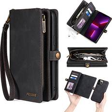 Apple iPhone 13 Pro Max Wallet Cases TwoHead Wallet Case Compatible with iPhone 13 Pro Max with Card Holder & Zipper Wallet,Magnetic Detachable Flip Case with Wrist Strap,2 in 1 Leather Wallet Phone Case for Man/Women