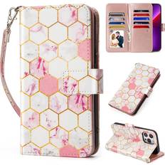 Apple iPhone 13 Pro Max Wallet Cases iPhone 13 pro max Wallet case: 9 Card Holder 13 pro max 6.7 inch Leather flip Cell pohone case Detachable Wrist Strap Marbled Pink