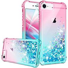 Mobile Phone Covers iPhone SE 2020 Case, iPhone 6/6S/7/8 Case with HD Screen Protector for Girls Women, Gritup Cute Clear Gradient Glitter Liquid TPU Slim Phone Case for Apple iPhone SE 2020/6/6S/7/8 Pink/Teal