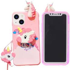 Apple iPhone 13 mini Mobile Phone Cases Unicorn Case for iPhone 13 Mini 5.4” with String Rope,3D Cartoon Design Cute Elastic Kickstand Protective Case, iPhone 13 Mini Case Kawaii Fashion for Kids Child Teens Girls Women Pink Pink