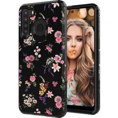 MGAH Galaxy A21 Case with Flowers Design,Samsung Galaxy A21 Phone Case,Hybrid Dual Layer Armor Protective Cover Flexible Sturdy Anti-Scratch Shockproof Cute Case for Women and Girls-Floral/Black