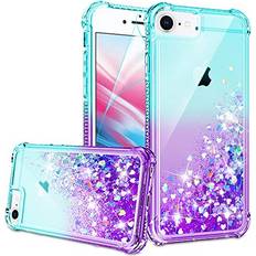 Mobile Phone Covers iPhone SE 2020 Case, iPhone 6/6S/7/8 Case with HD Screen Protector for Girls Women, Gritup Cute Clear Gradient Glitter Liquid TPU Slim Phone Case for Apple iPhone SE 2020/6/6S/7/8 Teal/Purple