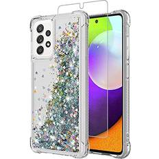 Mobile Phone Accessories Galaxy A52 Case,Samsung A52 4G/5G Case,with HD Screen Protector,YZOK Shockproof Protective Clear Case for Girls Women,Bling Sparkle Quicksand Hard Shell TPU Case for Samsung Galaxy A52, Silver