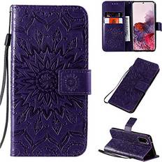 Purple Wallet Cases for Samsung Galaxy S21 Case,Galaxy S21 Wallet PU Leather Case Sun Flower Pattern Embossed Purse Kickstand Flip Cover Card Holders Hand Strap for Samsung Galaxy S21 Purple