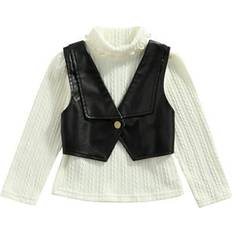 Knitted Vests Children's Clothing Little Girl’s Solid Color Long Sleeve Knitted Tops with Leather Vest - Beige