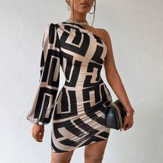 Shein Midi Dresses Shein Women's Geometric Print One Shoulder Lantern Sleeve Dress
