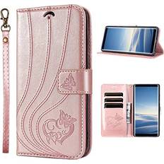 iPhone 11 Wallet Case,iPhone 11 Case with Card Solts Holder,Butterfly Floral Embossed Leather Flip Lanyard Wallet Case Rose Gold