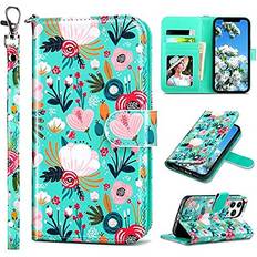Apple iPhone 13 Wallet Cases ULAK Compatible with iPhone 13 Wallet Case for Women, Premium PU Leather Flip Cover with Card Holder and Kickstand Feature Protective Phone Case Designed for iPhone 13 6.1 Inch, Mint Flower