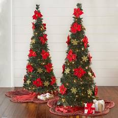 BrylaneHome Decorated Pre-Lit Pop-Up Christmas Tree Poinsettia