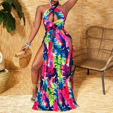 Shein Midi Dresses Shein Tropical Holiday Style Halter Neck Split Dress With Printed Design