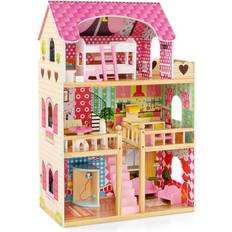 Costway Dolls & Doll Houses Costway Doll House Playset with 3 Stories and 6 Simulated Rooms and 15 Pieces of Furniture-Pink