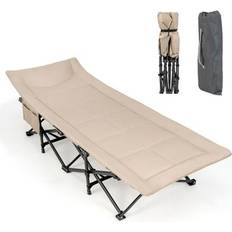 Costway Camping Costway Folding Camping Cot with Carry Bag Cushion and Headrest-khaki