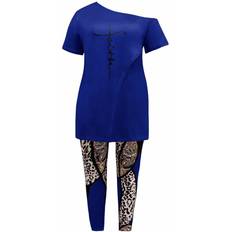 Shein Plus Size Women's Asymmetric Neckline Letter Printed T-shirt And Leopard Print Patchwork Leggings Set