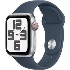 Apple Watch SE GPS + Cellular Aluminum Small/Medium Strap Storm Blue Sport Band Silver Case 40mm