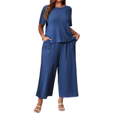 Shein EMERY ROSE Plus Size Women'S Waffle Grid Short Sleeve Blue Two Piece Set For Spring