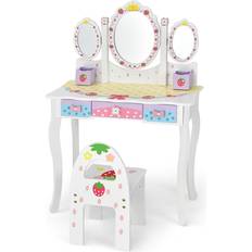 Costway Kids Vanity Princess Makeup Dressing Table Chair Set with Tri Fold Mirror