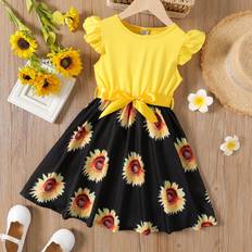 Patpat Children's Clothing Patpat Kid Girl Floral Print Splice Belted FlutterSleeve Dress