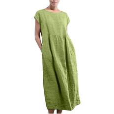 Women Cotton Linen T-Shirt Dress Sleeveless Crew Neck Summer Dresses Loose Baggy Kaftan Long Dress With Pockets