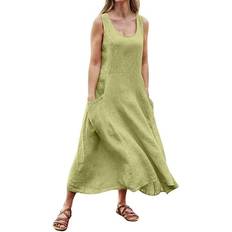 Women Summer Dress Sleeveless Round Neck Solid Color Cotton Linen Casual Maxi Dress With Pockets
