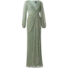 Long Dresses Adrianna Papell Metallic Crinkled Mesh Draped Long Gown - Green Slate