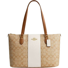Coach Totes & Shopping Bags Coach Gallery Tote In Signature Canvas With Stripe - Im/Light Khaki/Chalk Lt Saddle