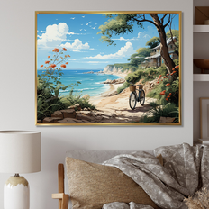 Interior Details Design Art "Turquoise Seaside Trek " Bicycle Canvas Print Green,Blue Framed Art