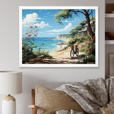 Design Art "Turquoise Seaside Trek " Bicycle Canvas Print Green,Blue Framed Art