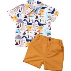 Hvite Andre sett Fokusnorm Baby Dinosaur T-shirt & Short Set - White/Brown