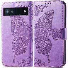 Purple Wallet Cases MEUPZZK for Google Pixel 6A Wallet Case, Embossed Butterfly Premium PU Leather [Kickstand] [Card Slots] [Wrist Strap] [Folio Flip] [6.1 inch] Phone Cover for Pixel 6A A-Lavender