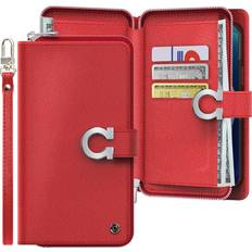 Apple iPhone 13 Pro Max Wallet Cases JUST4YOU iPhone 13 Pro Max Zipper Wallet Case with Strap Card Holder Premium PU Leather Flip Cover Folio Case Red CS_FC_ZW_I13PM_RD