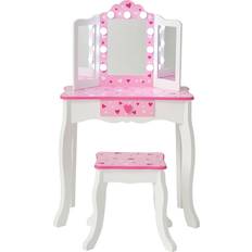 Stylist Toys Teamson Kids Pretend Play Vanity, Table and Chair Vanity Set with LED Mirror Makeup Dressing Table with Drawer, Sweethearts Print Gisele Play Vanity Set, White/Pink, Gift for Ages 3
