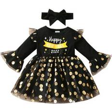 Party Dresses Toddler Girl Autumn Patchwork Dress Long Sleeve Round Neck Happy New Year Print Dress with Headband