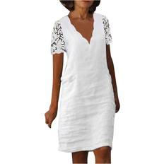 Ceboyel Women 2023 Summer Linen Dresses Cotton Boho Shirt Dresses Midi Length Casual Dress Trendy Ladies Beach Outfits Beach Dresses for Women Plus White 3X