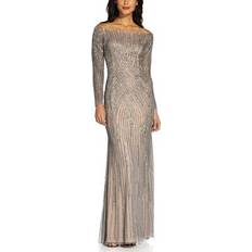 Silver Dresses Adrianna Papell Sequin Off-The-Shoulder Gown Sterling Silver