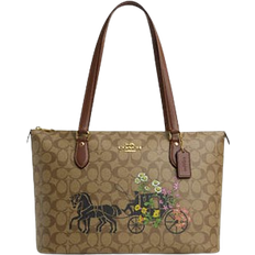 Coach Outlet Gallery Tote In Signature Canvas With Floral Horse And Carriage - Gold/Khaki Multi
