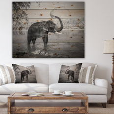 Design Art 'Elephant Bathing' Traditional Wood Wall Panels Pine Framed Art