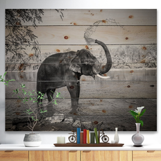 Design Art 'Elephant Bathing' Traditional Wood Wall Panels Pine