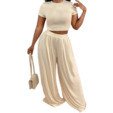 Shein Slayr Casual Solid Crop Round Neck Short Sleeve Tee & Loose Wide Leg Pants Women's Two Piece Set