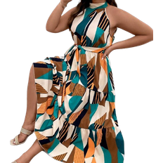Shein VCAY Plus Geo Print Ruffle Hem Belted Halter Dress