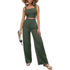 Damen - Knielange Kleider Bekleidung Shein VCAY Solid Crop Cami Top & Wide Leg Pants