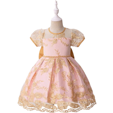 Party Dresses Shein Wedding Diary Young Girls' Embroidered Beaded Short Sleeve A-Line Dress With Large Bowknot And Court Train Ball Gown For Birthday Party, & Flower Girl