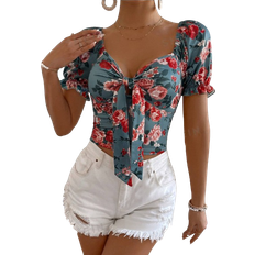 Shein VCAY Floral Print Self-Tie Front Sweetheart Neck Slim Fit T-Shirt