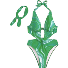 Shein Allover Print Cut Out Halter One Piece Swimsuit With Bandana - Green