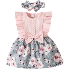 Shein Fashionable Baby Girl Short Sleeve Floral Print Dress With Bow Decoration