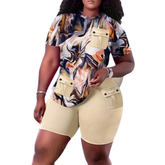 Shein Women Jumpsuits & Overalls Shein Slayr Plus Size Full Printed Short Sleeved Top And Shorts Set