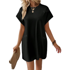 Black Dresses Shein Lune Solid Batwing Sleeve Hidden Pocket Tee Dress